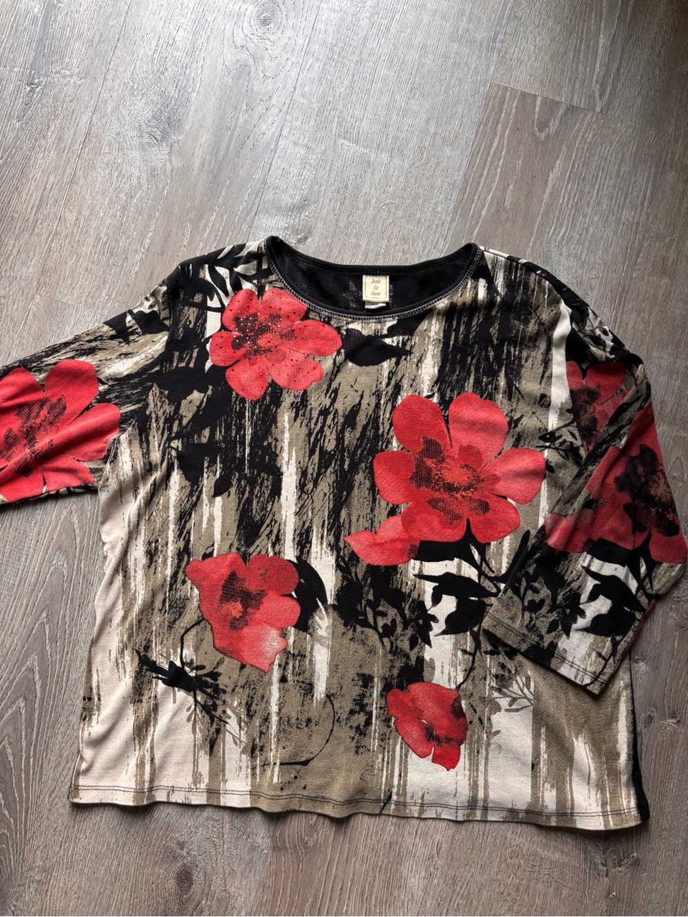 Jess & Jane Floral Print Red & Tan Long Sleeve Top